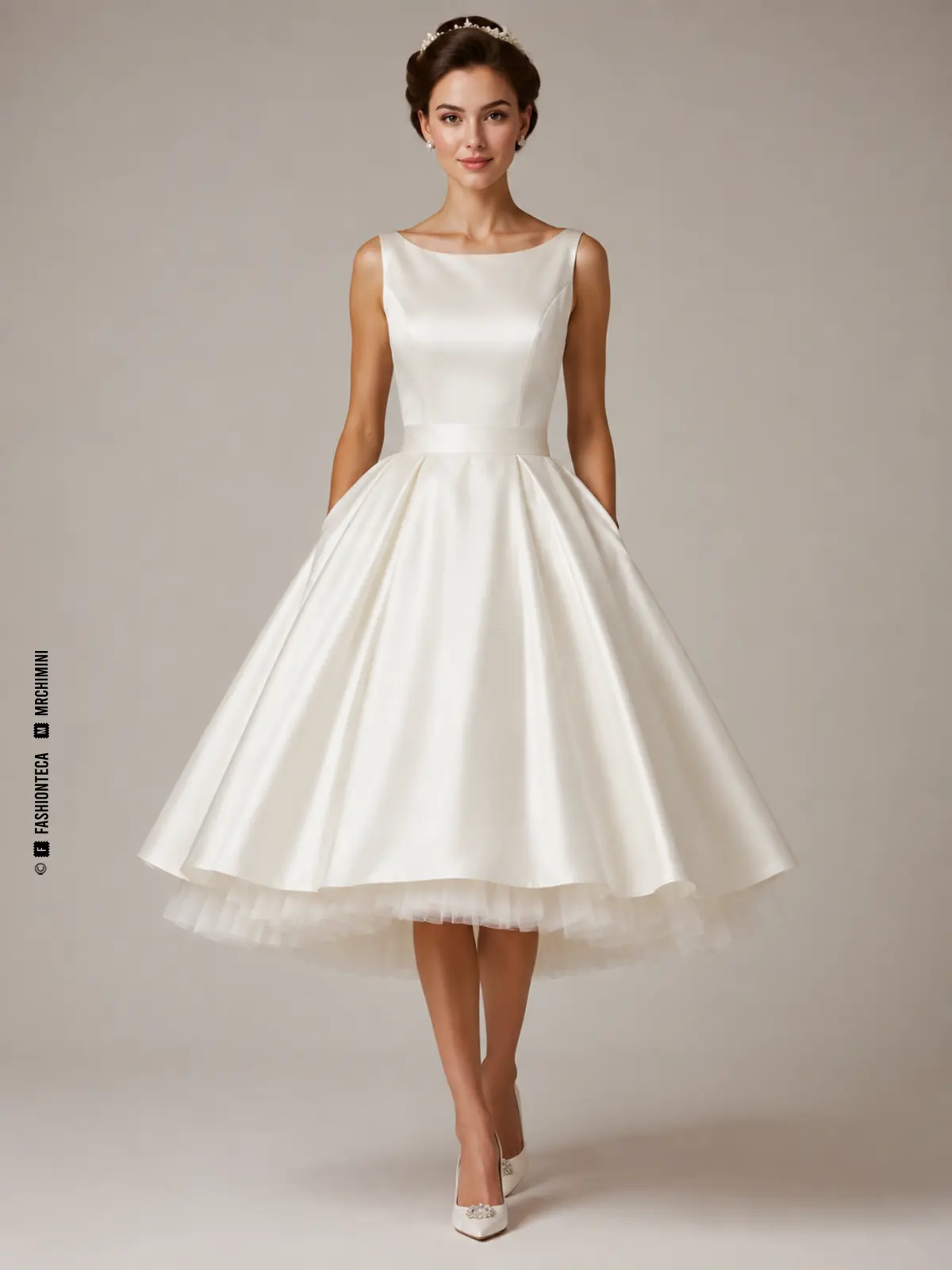 Vestido de novia tea-length con cintura marcada y falda amplia a media pantorrilla.