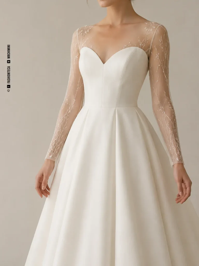 Vestido de novia marfil con manga nupcial ilusión, vista frontal de estudio.