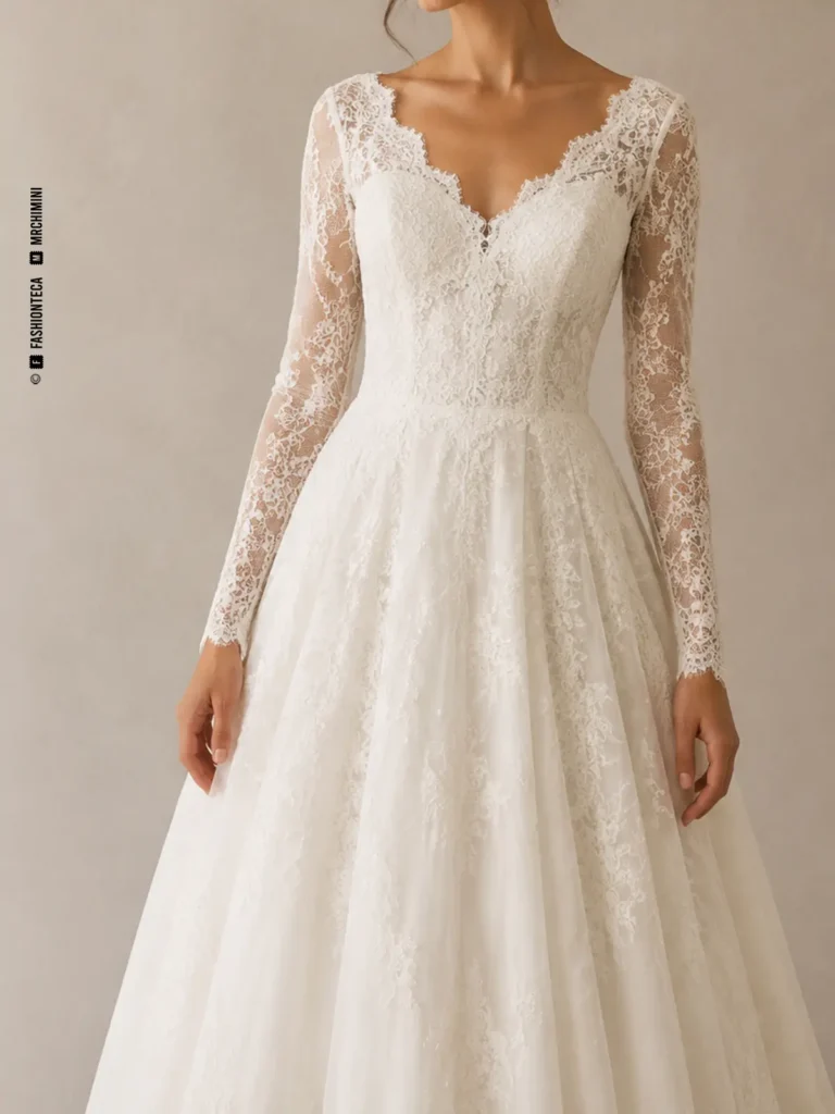 Vestido de novia marfil con manga nupcial de encaje, vista frontal de estudio.