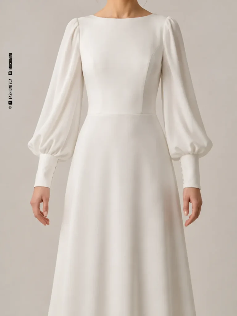 Vestido de novia marfil con manga nupcial obispo, vista frontal de estudio.