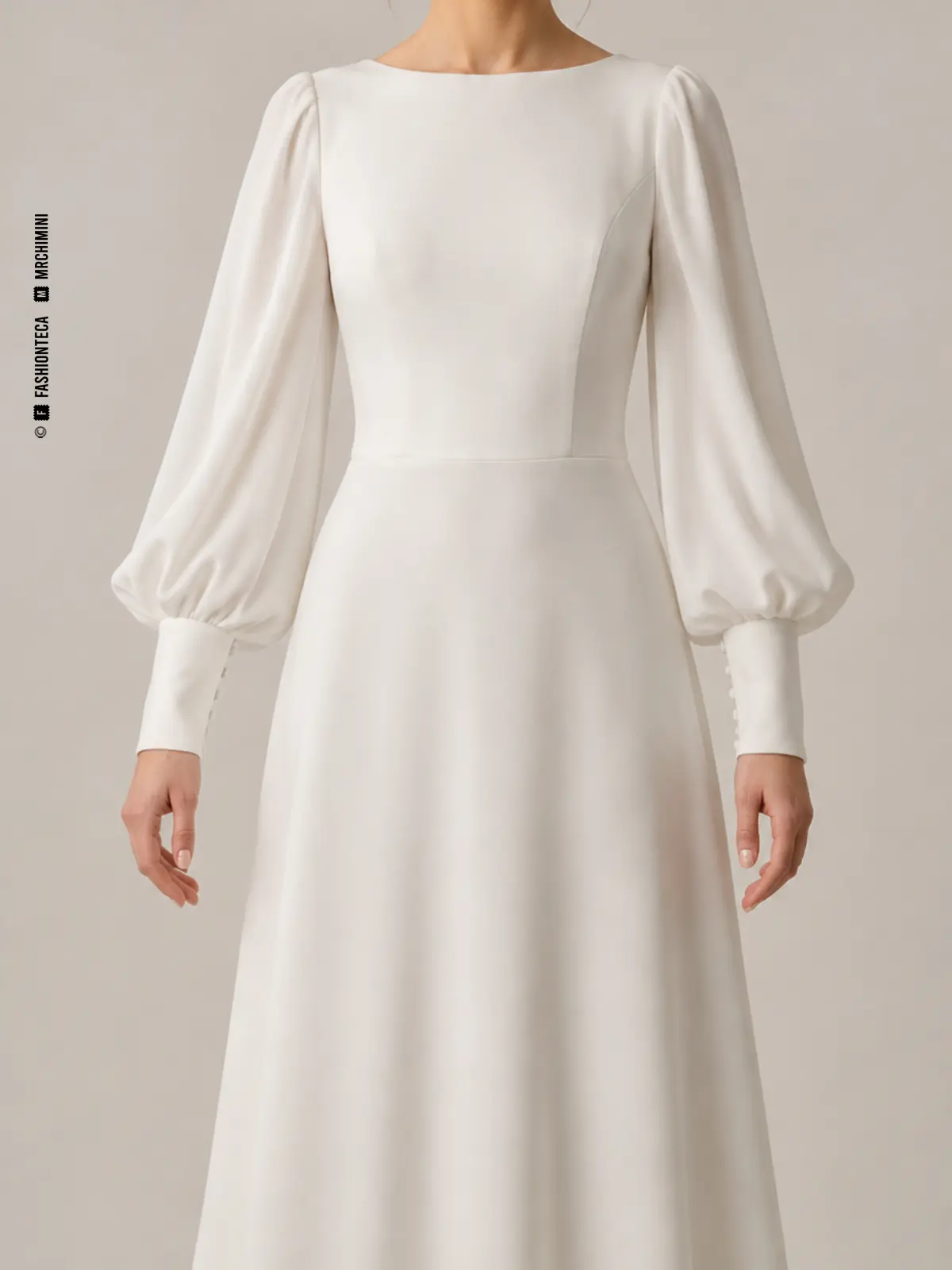 Vestido de novia marfil con manga nupcial obispo, vista frontal de estudio.