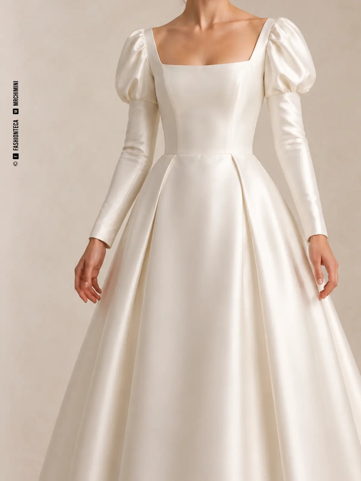 Vestido de novia marfil con manga nupcial julieta, vista frontal de estudio.