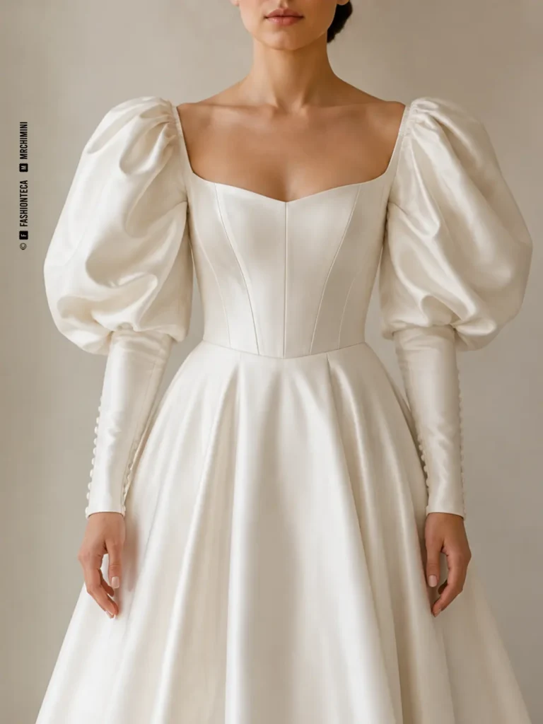 Vestido de novia marfil con manga nupcial jamón, vista frontal de estudio.