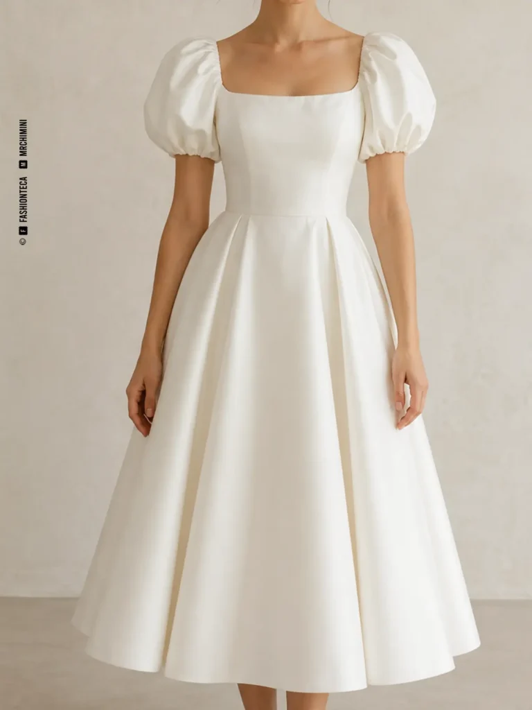 Vestido de novia marfil con manga nupcial abullonada corta, vista frontal de estudio.