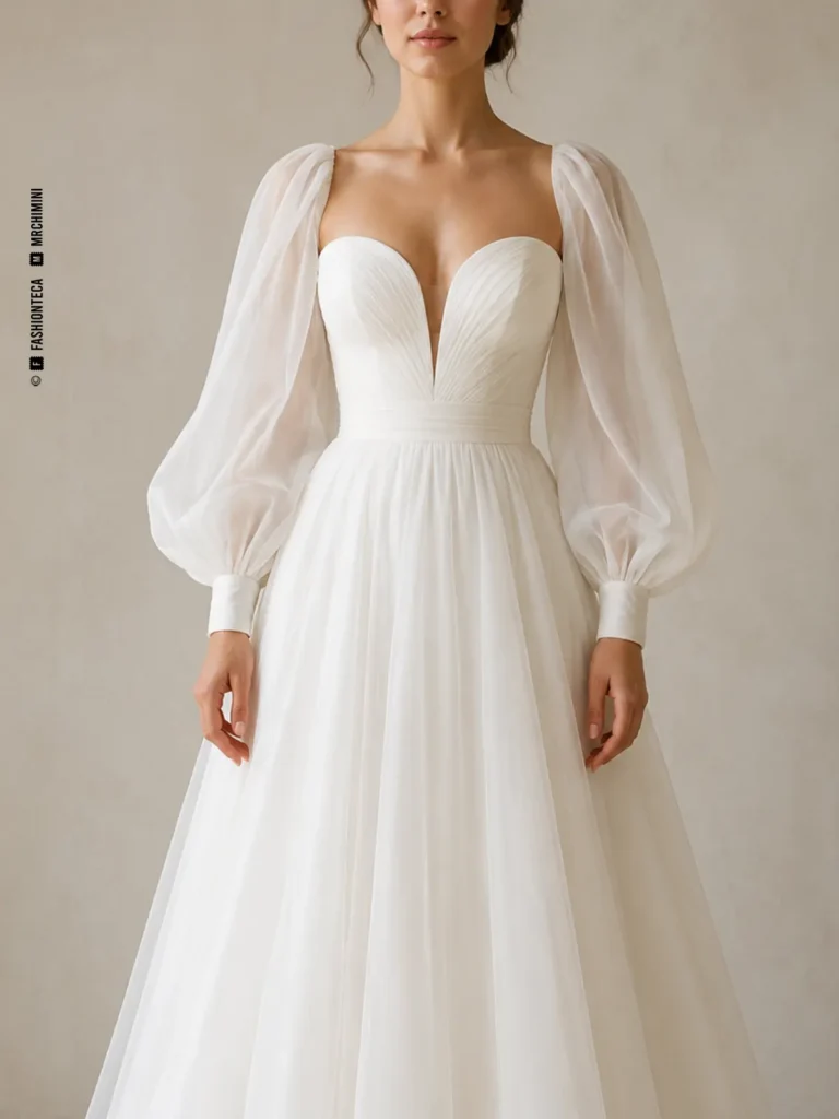 Vestido de novia marfil con manga nupcial globo, vista frontal de estudio.