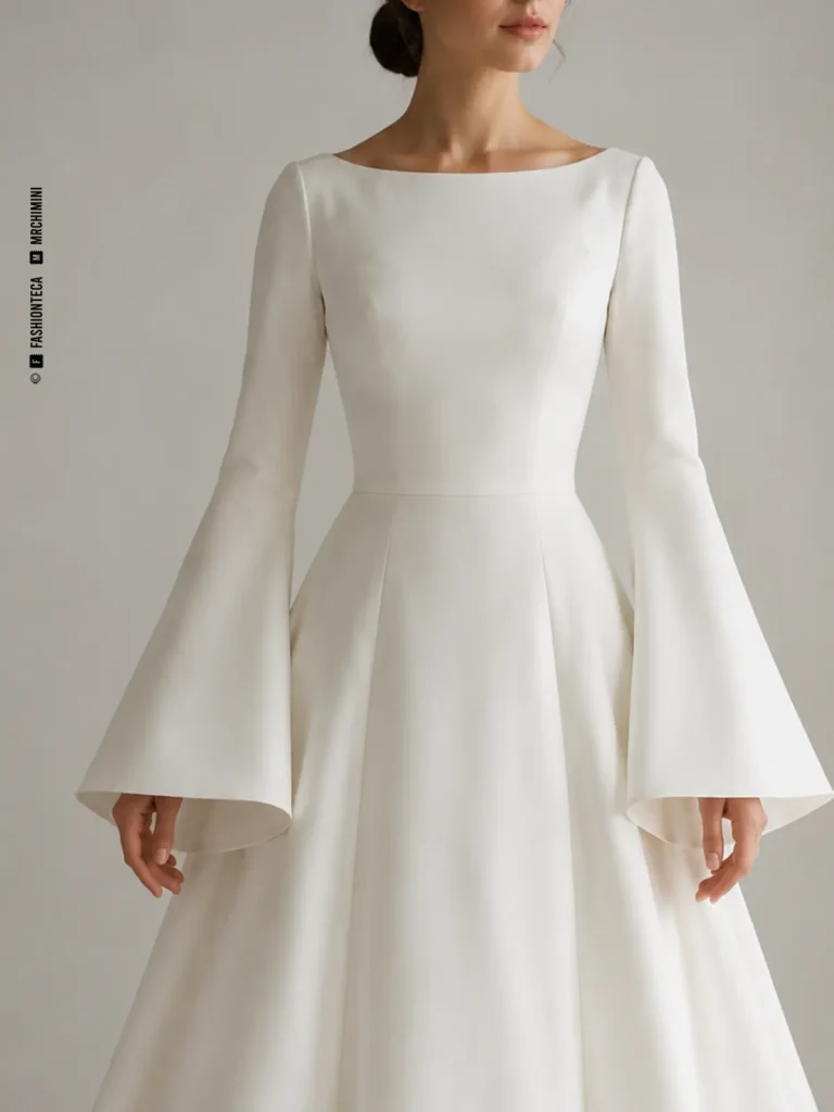 Vestido de novia marfil con manga nupcial campana, vista frontal de estudio.
