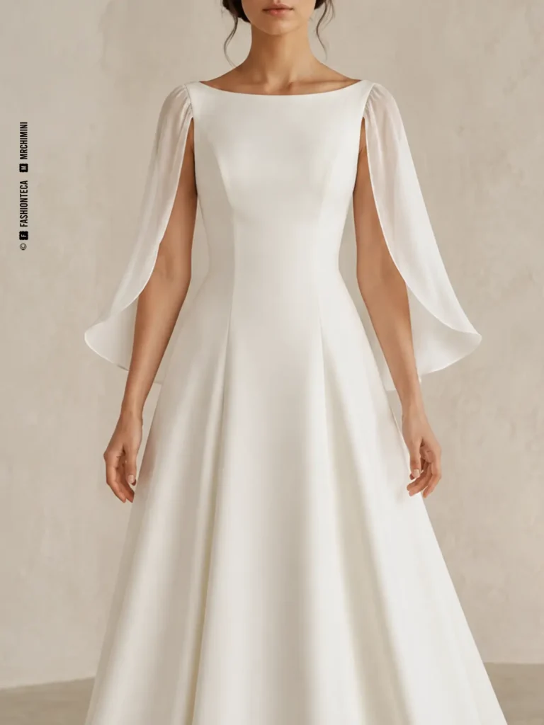 Vestido de novia marfil con manga nupcial capa, vista frontal de estudio.