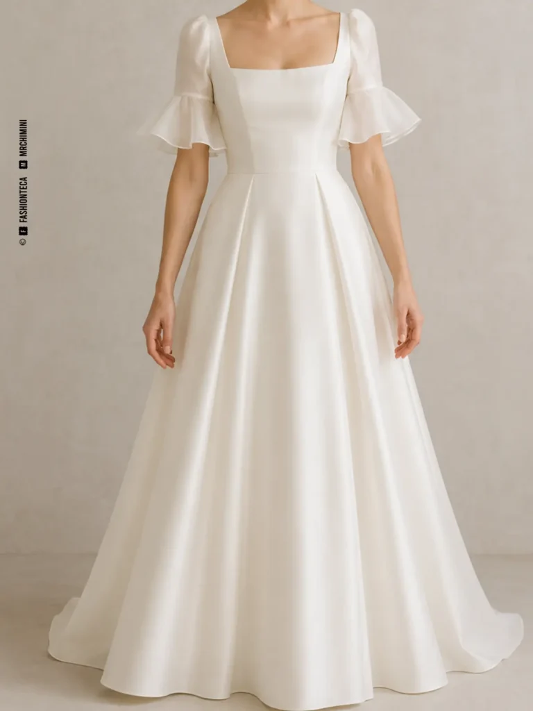 Vestido de novia marfil con manga nupcial con volante, vista frontal de estudio.