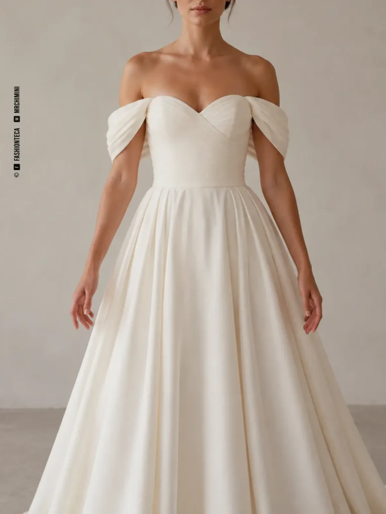 Vestido de novia marfil con manga nupcial caída sobre los hombros, vista frontal de estudio.