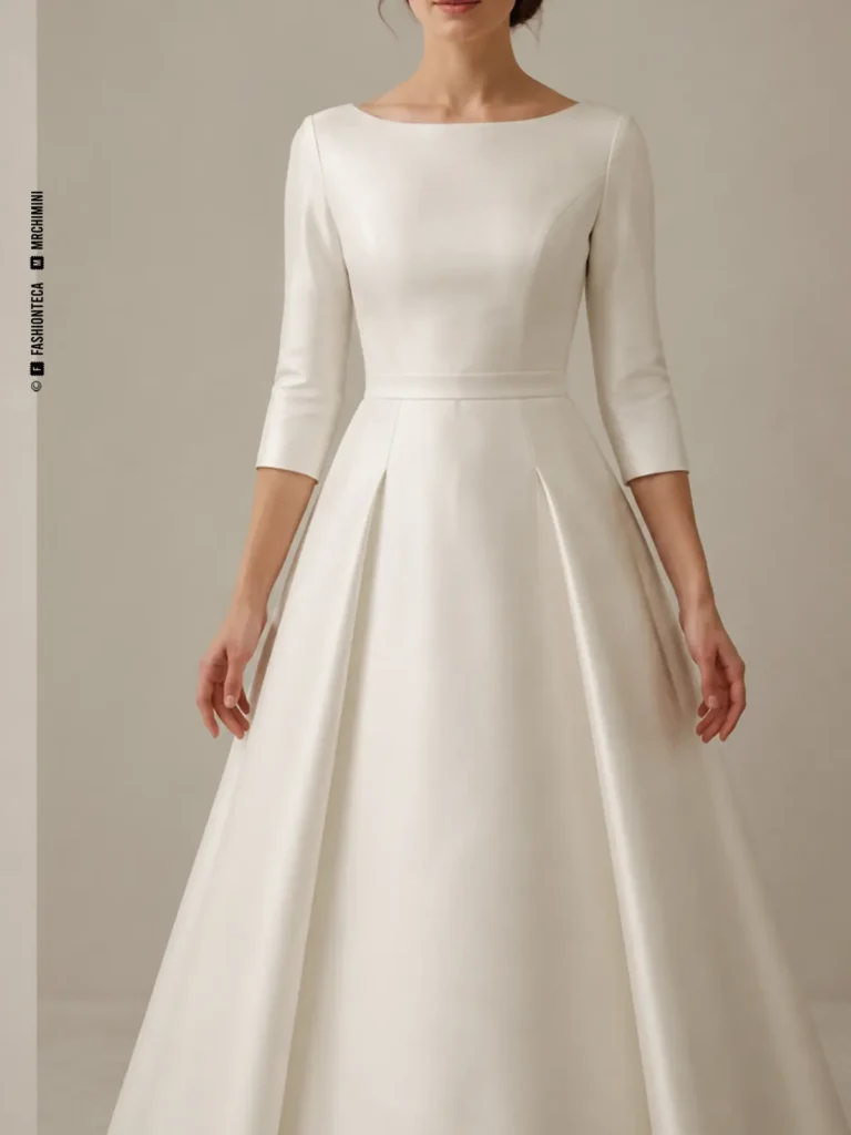 Vestido de novia marfil con manga nupcial tres cuartos, vista frontal de estudio.