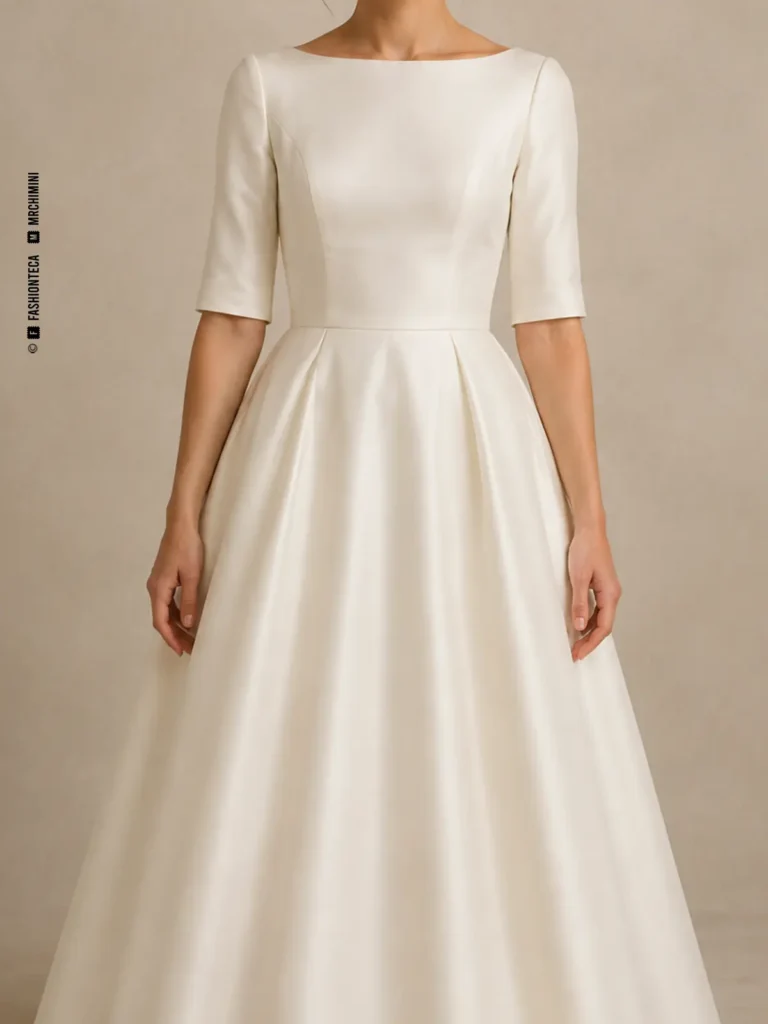 Vestido de novia marfil con manga nupcial al codo, vista frontal de estudio.