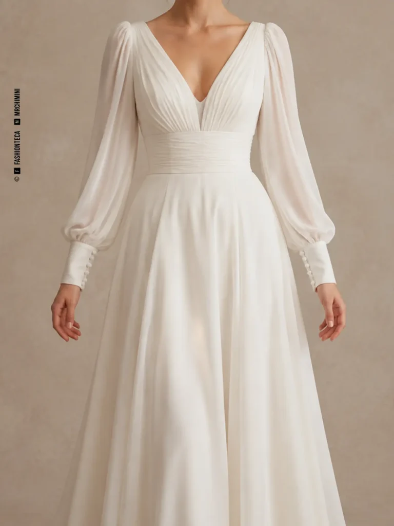 Vestido de novia marfil con manga nupcial con puño, vista frontal de estudio.