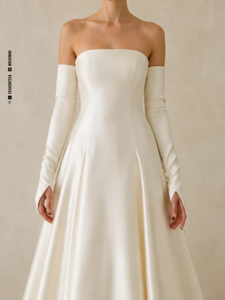 Vestido de novia marfil con manga nupcial extralarga o guante, vista frontal de estudio.