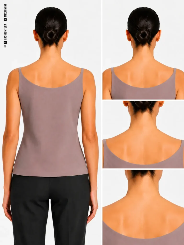 ESCOTE DE ESPALDA BAILARINA en color malva grisáceo corporativo, con vista posterior principal y detalles técnicos sobre fondo blanco.