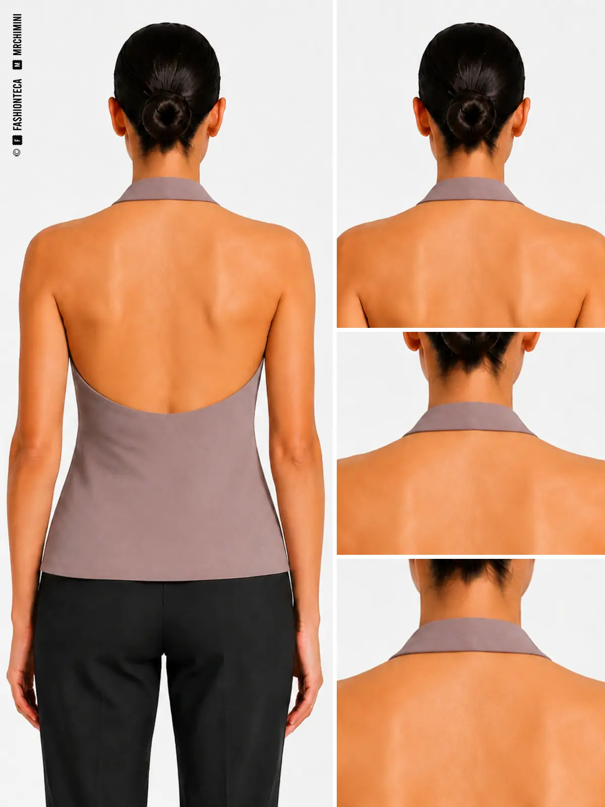 ESCOTE DE ESPALDA HALTER en color malva grisáceo corporativo, con vista posterior principal y detalles técnicos sobre fondo blanco.