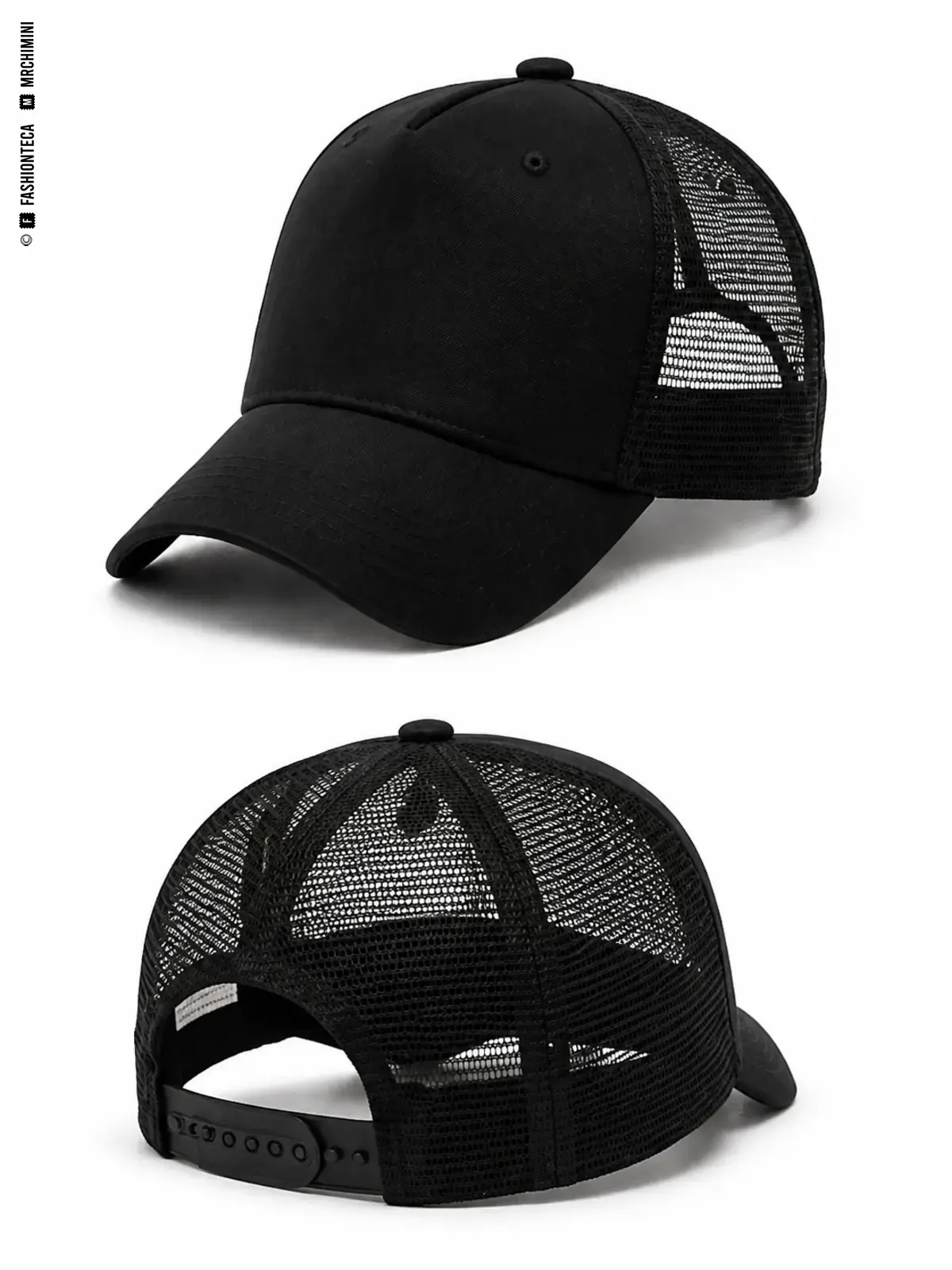 GORRA TRUCKER: fotografía de producto con vista delantera y trasera sobre fondo blanco.
