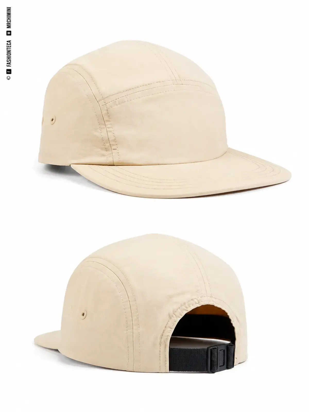 GORRA DE CINCO PANELES: fotografía de producto con vista delantera y trasera sobre fondo blanco.