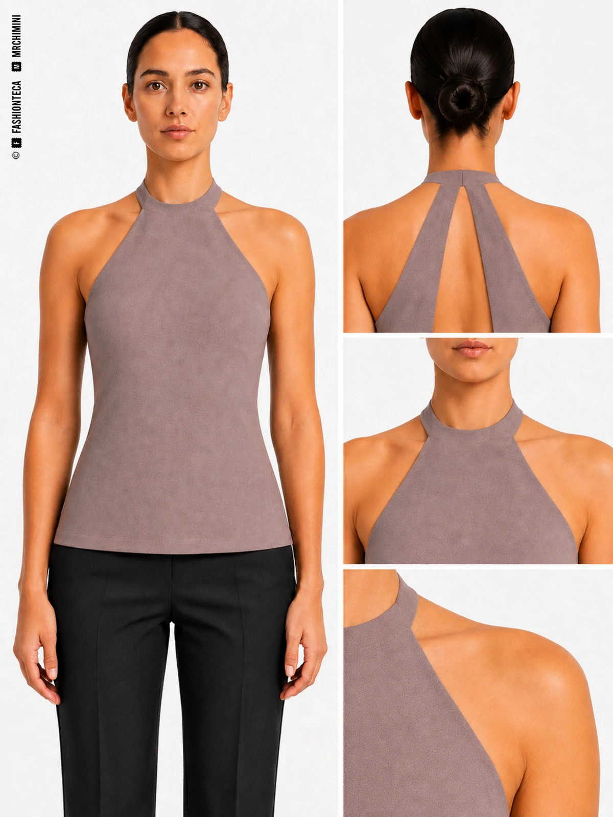 ESCOTE HALTER en color malva grisáceo corporativo, con vista frontal principal, vista posterior y detalles técnicos en primer plano sobre fondo blanco.