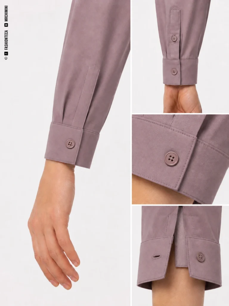 PUÑO CAMISERO en color malva grisáceo corporativo, con vista principal de la muñeca y tres detalles técnicos de construcción sobre fondo blanco.