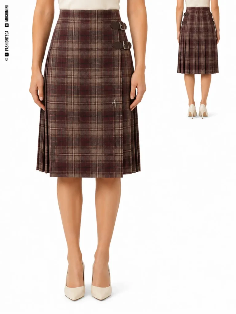 FALDA KILT: vista frontal principal y vista trasera de la misma falda, mostrando su silueta y construcción.