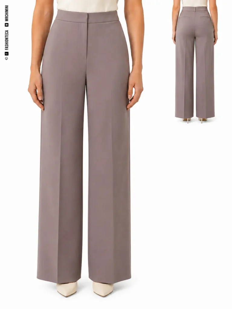 PANTALÓN DE PIERNA ANCHA: vista frontal principal y vista trasera de la misma tipología de pantalón, mostrando su silueta y construcción.