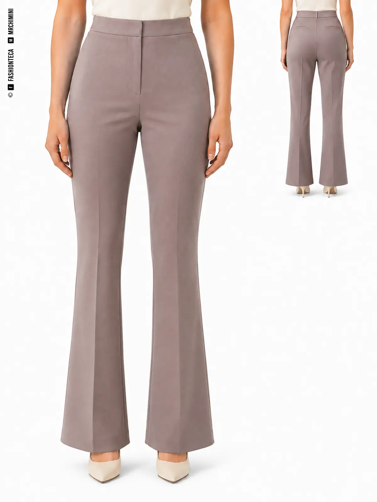 PANTALÓN BOOTCUT: vista frontal principal y vista trasera de la misma tipología de pantalón, mostrando su silueta y construcción.