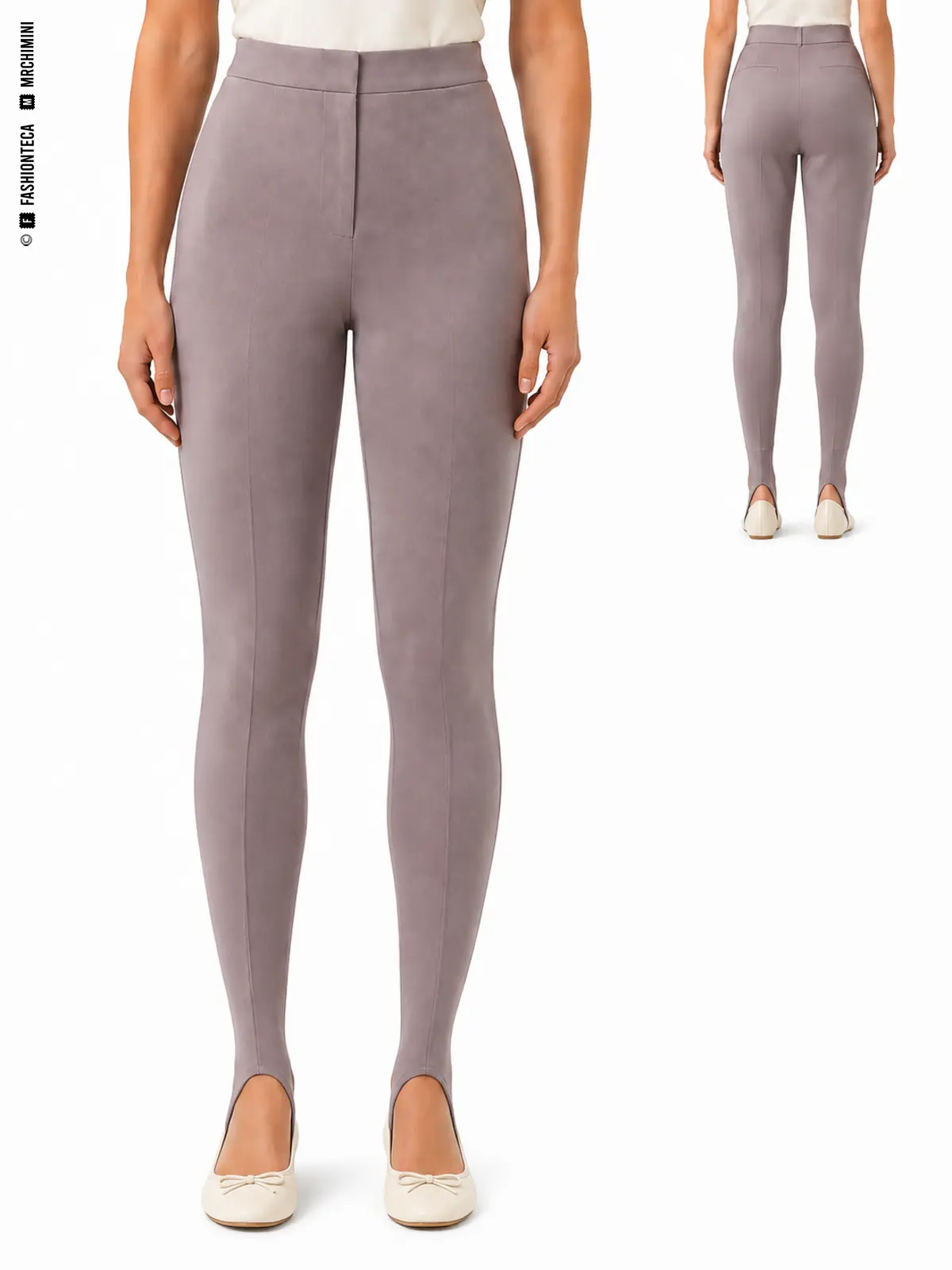 PANTALÓN CON ESTRIBO: vista frontal principal y vista trasera de la misma tipología de pantalón, mostrando su silueta y construcción.
