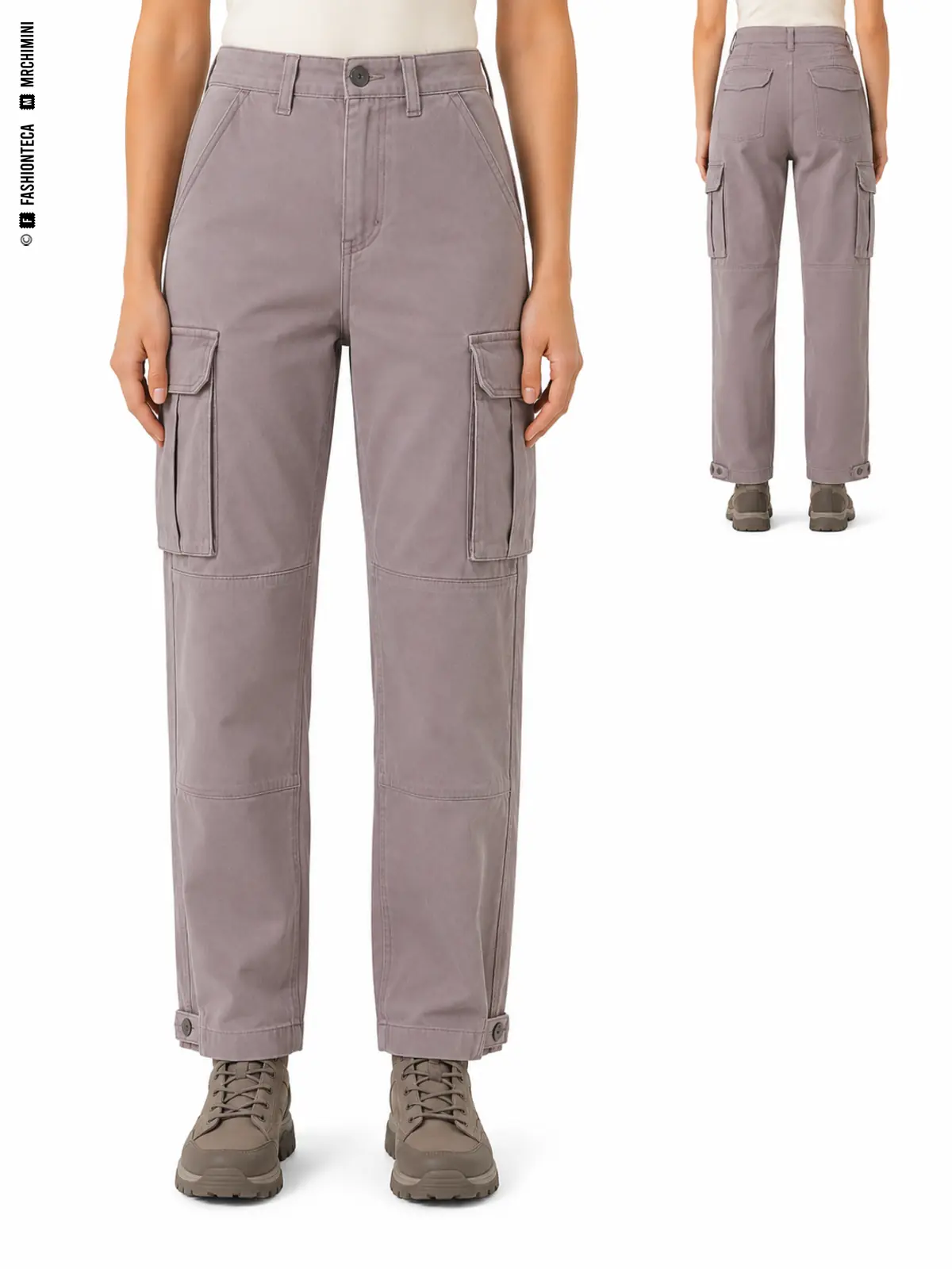 PANTALÓN CARGO: vista frontal principal y vista trasera de la misma tipología de pantalón, mostrando su silueta y construcción.