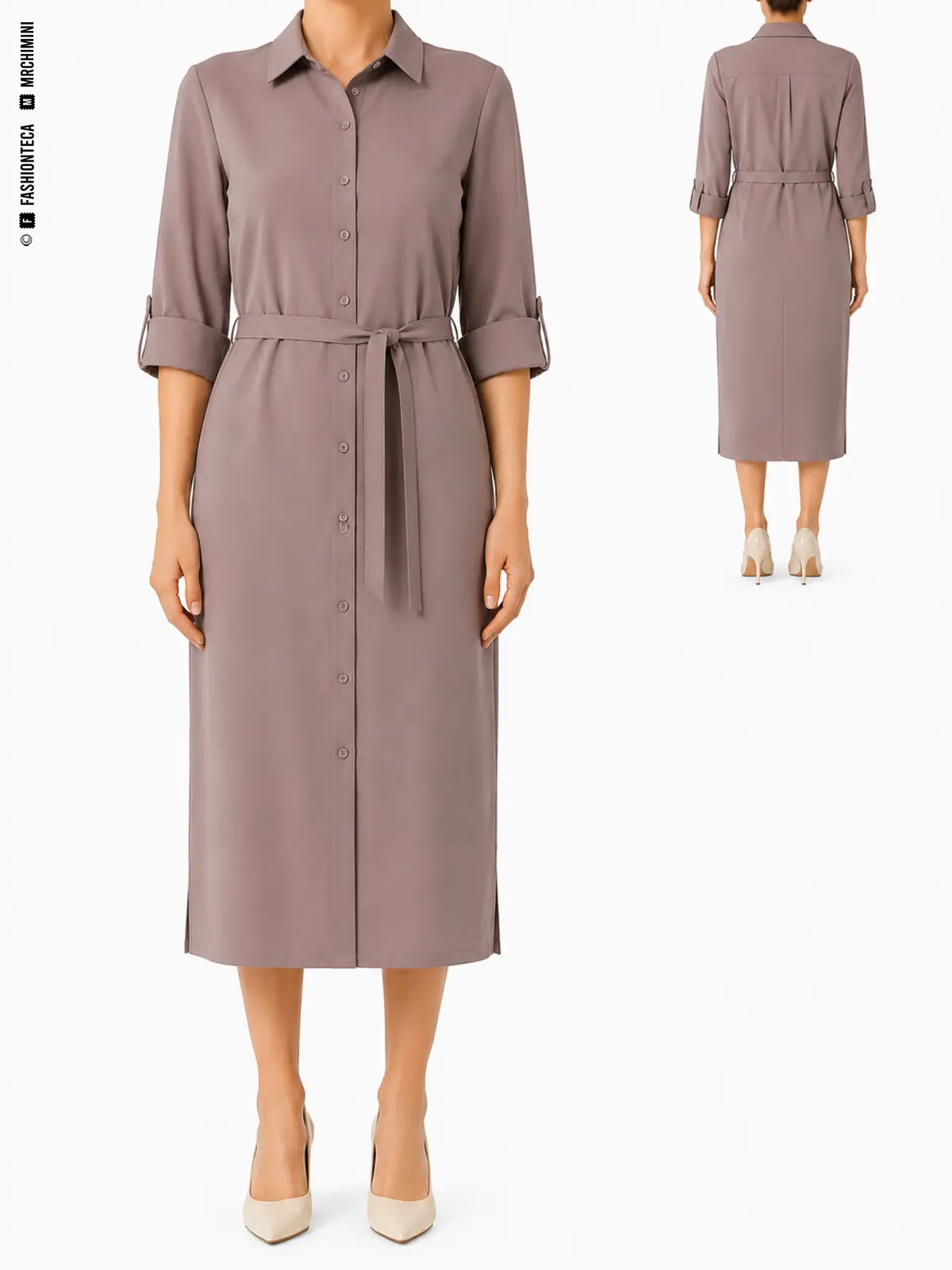 VESTIDO CAMISERO: vista frontal principal y vista trasera de la misma tipología, mostrando su silueta y construcción.