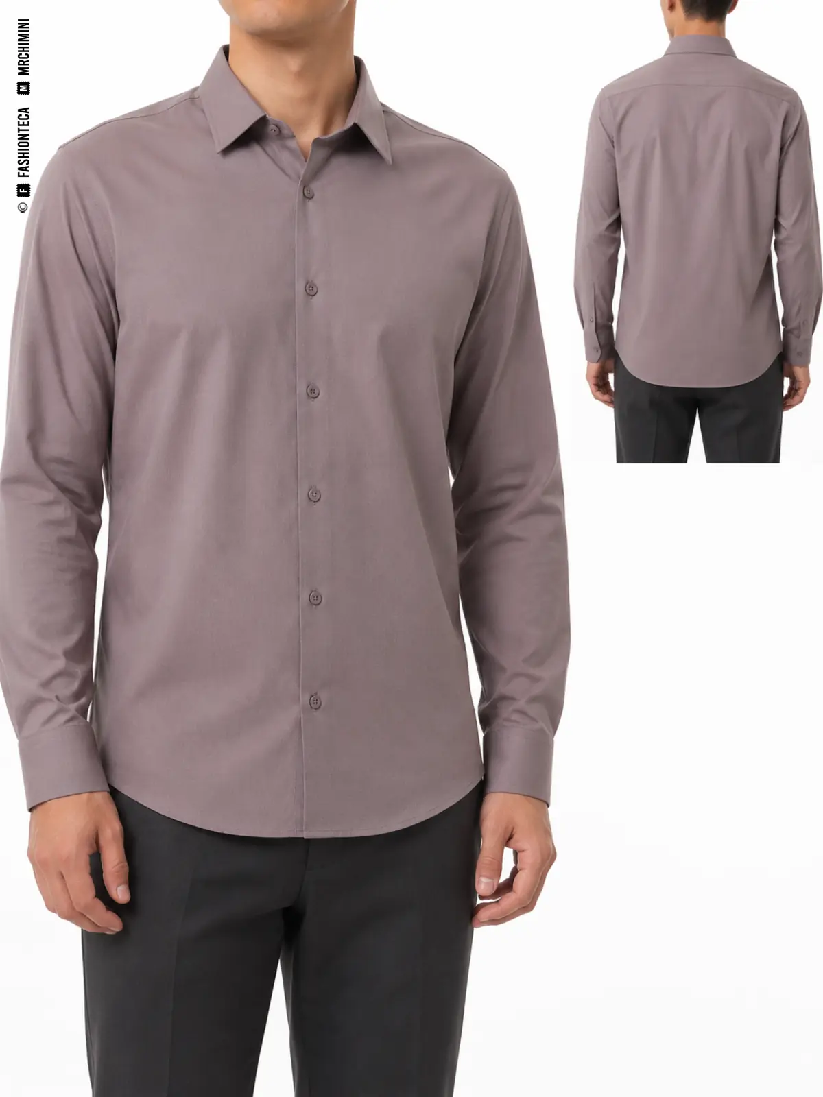 CAMISA CLÁSICA: vista frontal principal y vista trasera de la misma prenda superior, mostrando su construcción.