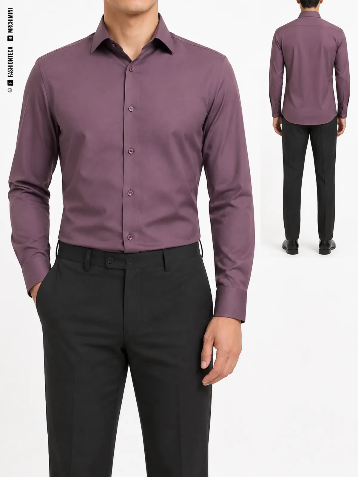 CAMISA DE VESTIR: vista frontal principal y vista trasera de la misma prenda superior, mostrando su construcción.