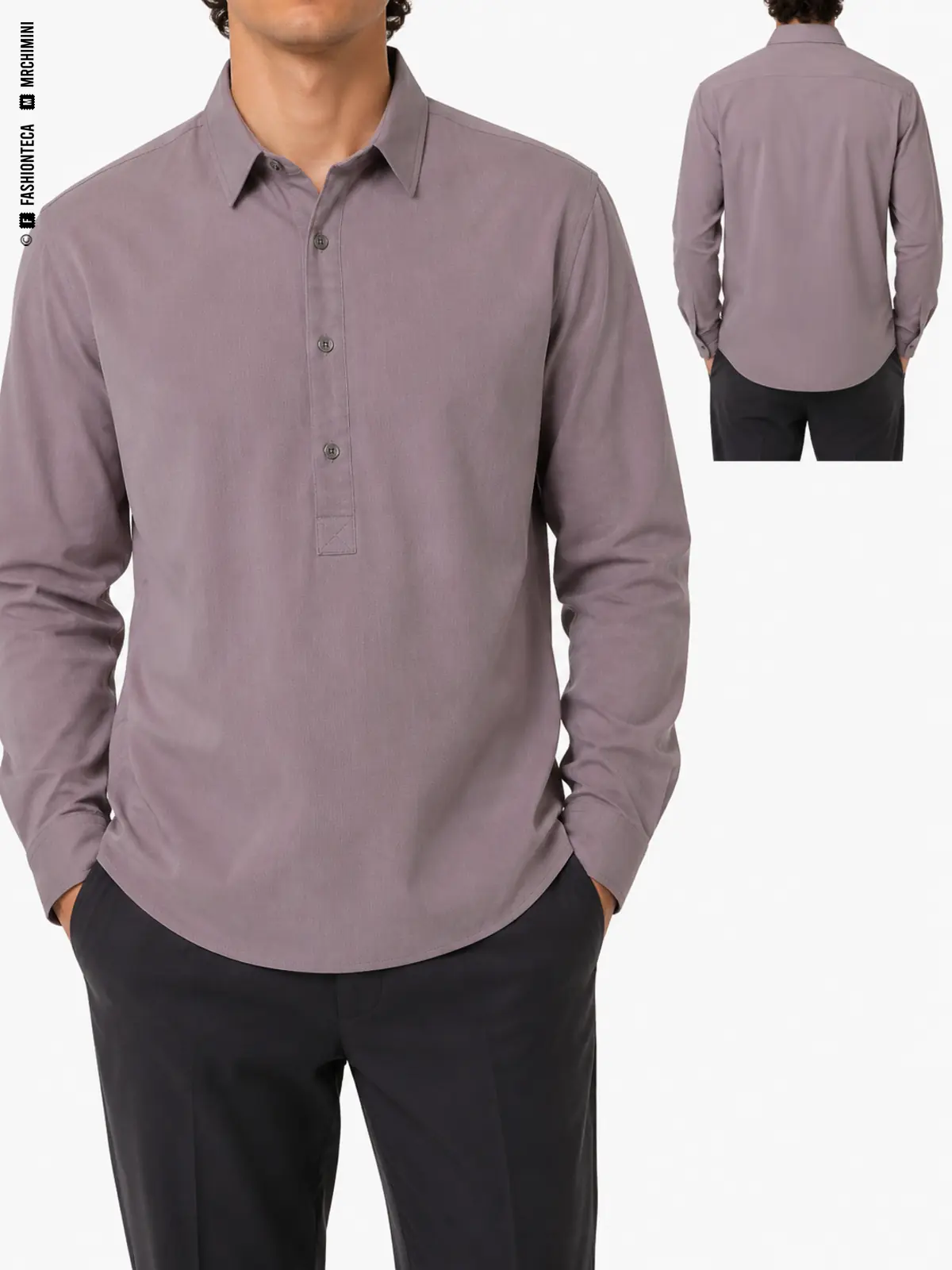 CAMISA POPOVER: vista frontal principal y vista trasera de la misma prenda superior, mostrando su construcción.