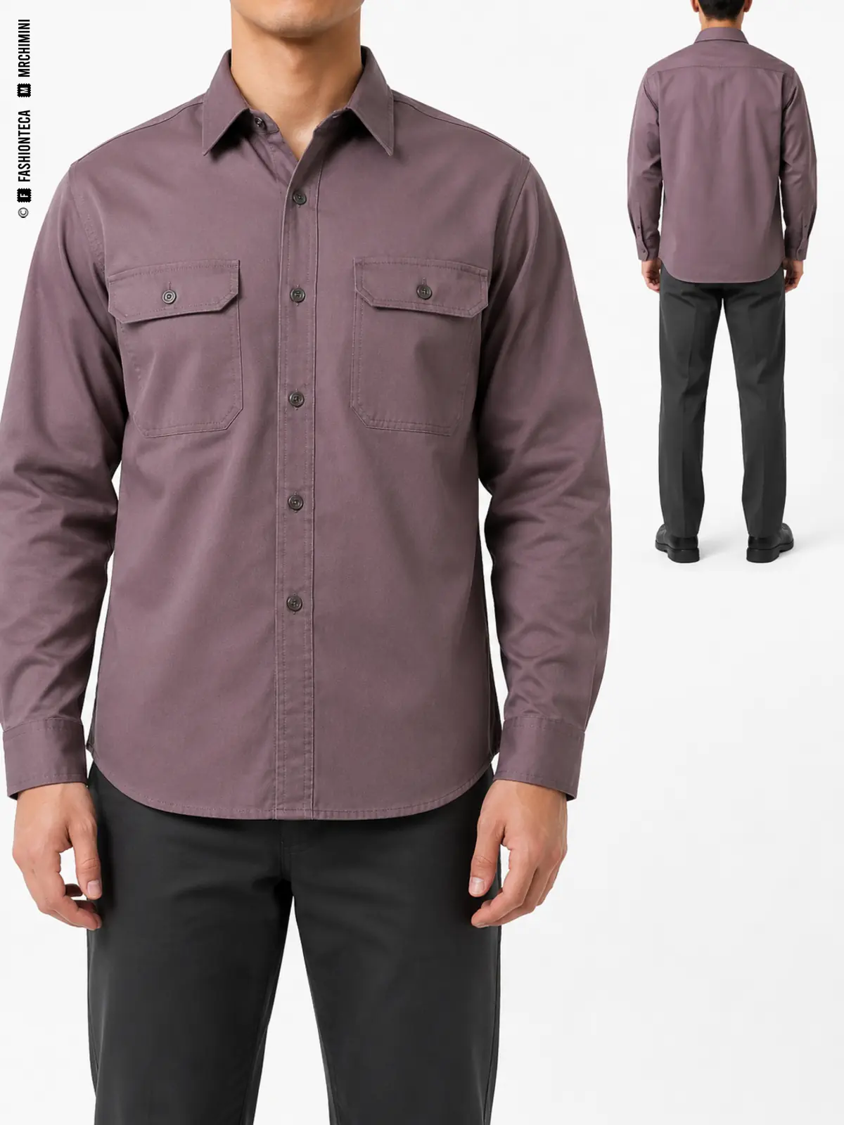 CAMISA DE TRABAJO: vista frontal principal y vista trasera de la misma prenda superior, mostrando su construcción.