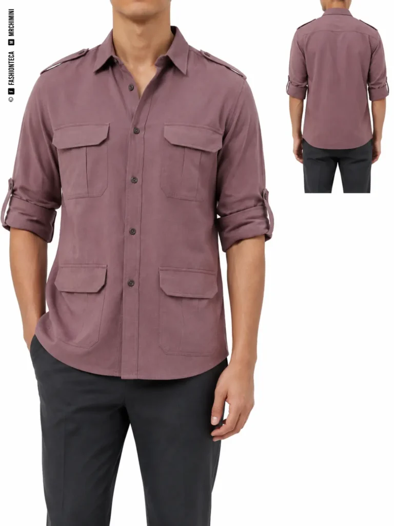CAMISA SAFARI: vista frontal principal y vista trasera de la misma prenda superior, mostrando su construcción.
