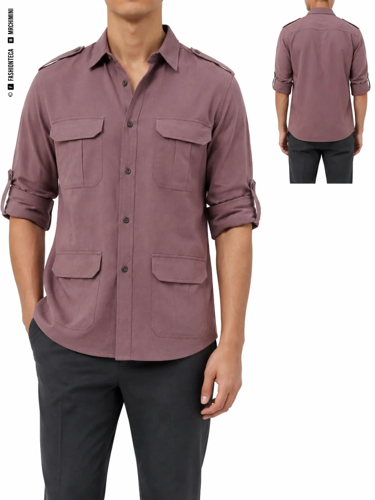 CAMISA SAFARI: vista frontal principal y vista trasera de la misma prenda superior, mostrando su construcción.