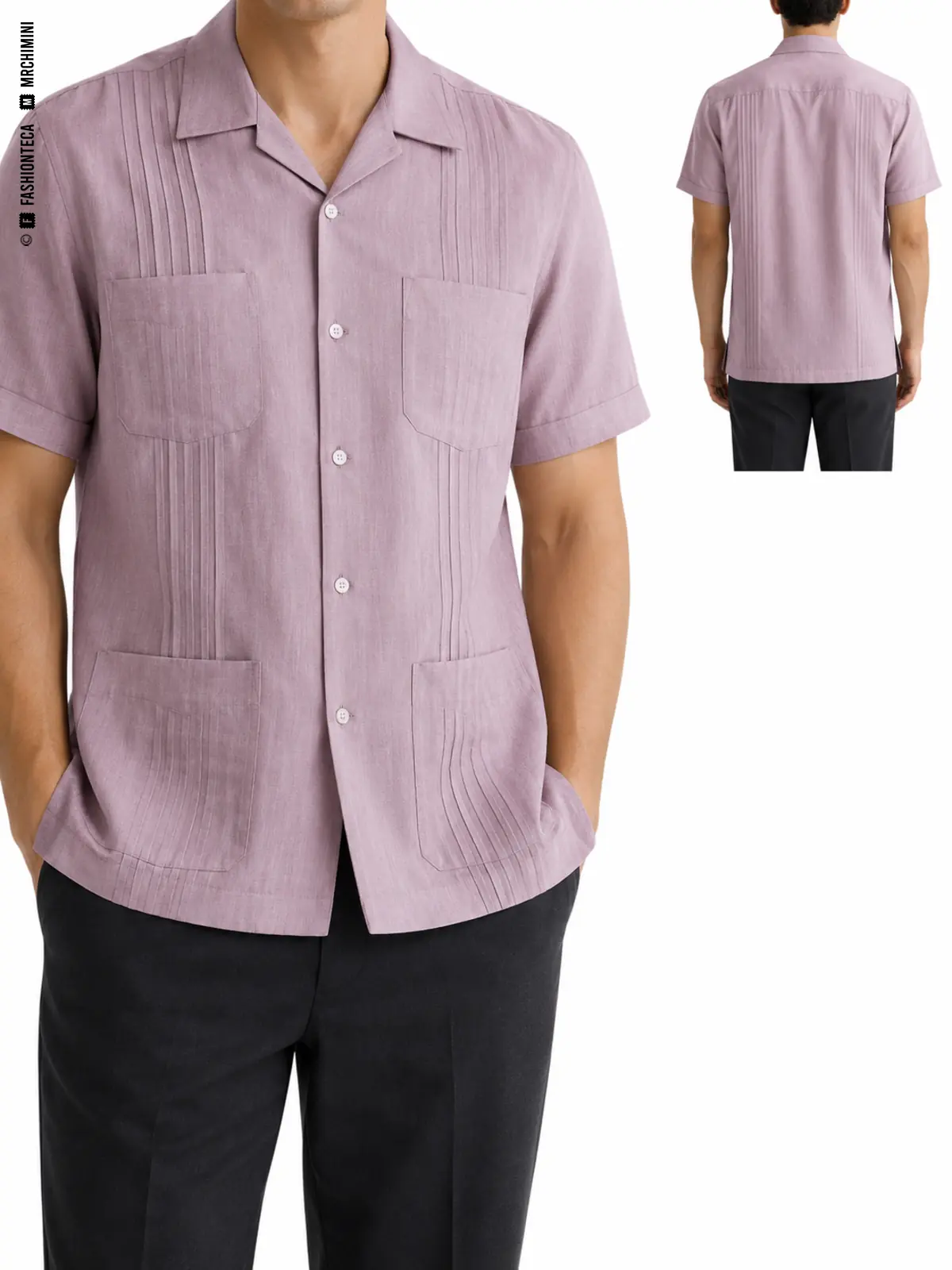 GUAYABERA: vista frontal principal y vista trasera de la misma prenda superior, mostrando su construcción.