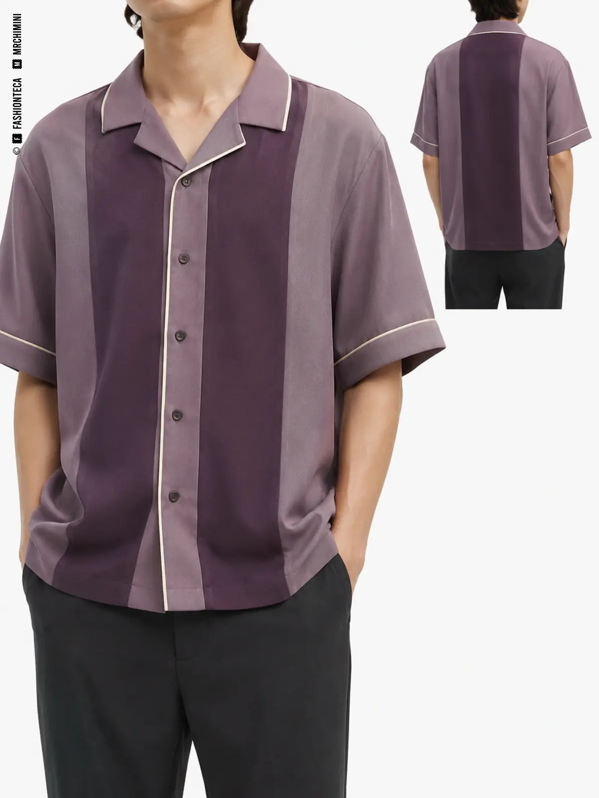 CAMISA BOWLING: vista frontal principal y vista trasera de la misma prenda superior, mostrando su construcción.