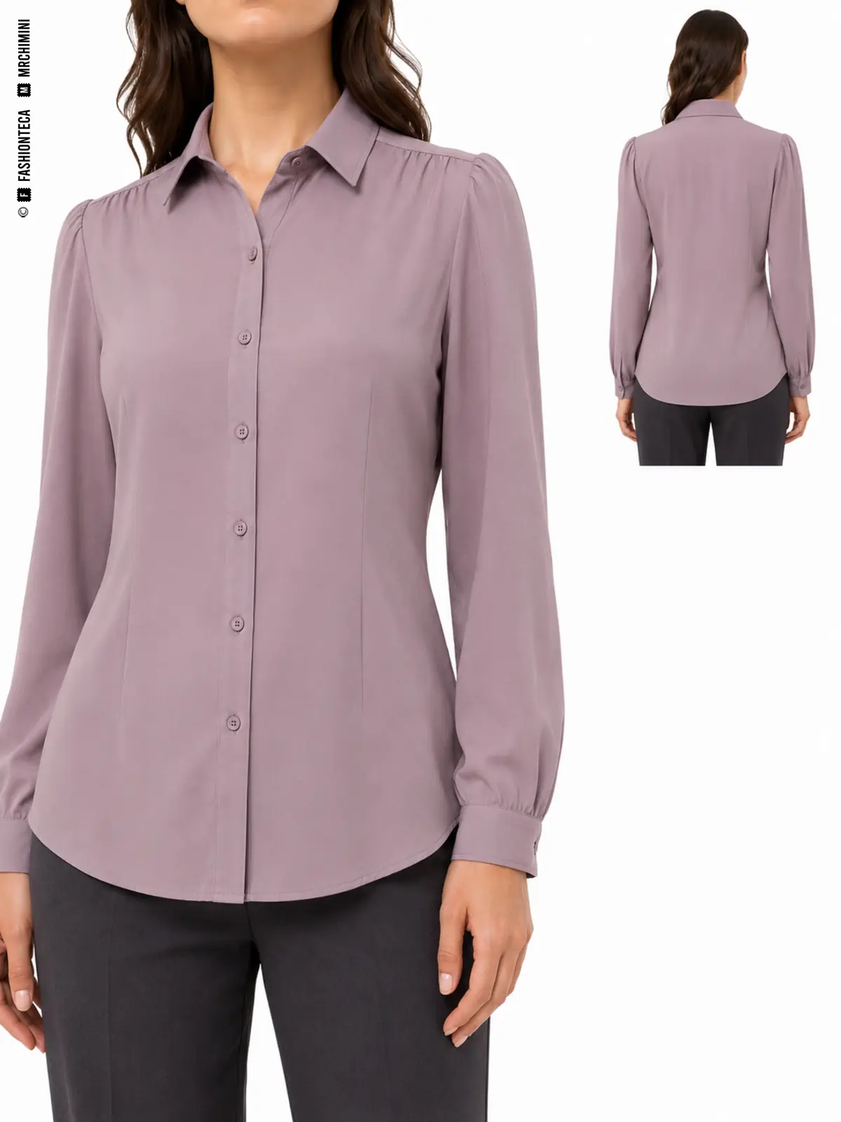 BLUSA CAMISERA: vista frontal principal y vista trasera de la misma prenda superior, mostrando su construcción.
