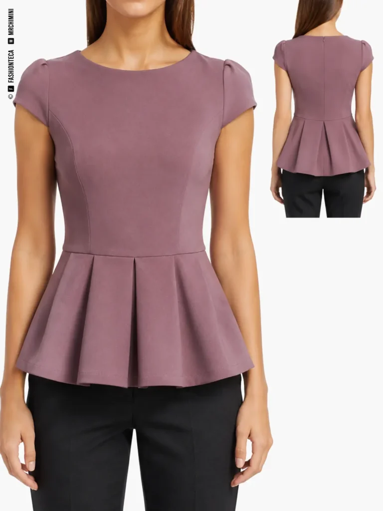 BLUSA PÉPLUM: vista frontal principal y vista trasera de la misma prenda superior, mostrando su construcción.