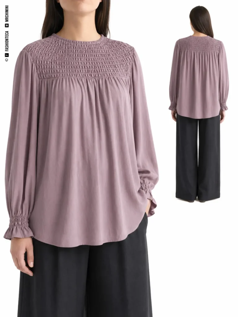BLUSA SMOCK: vista frontal principal y vista trasera de la misma prenda superior, mostrando su construcción.