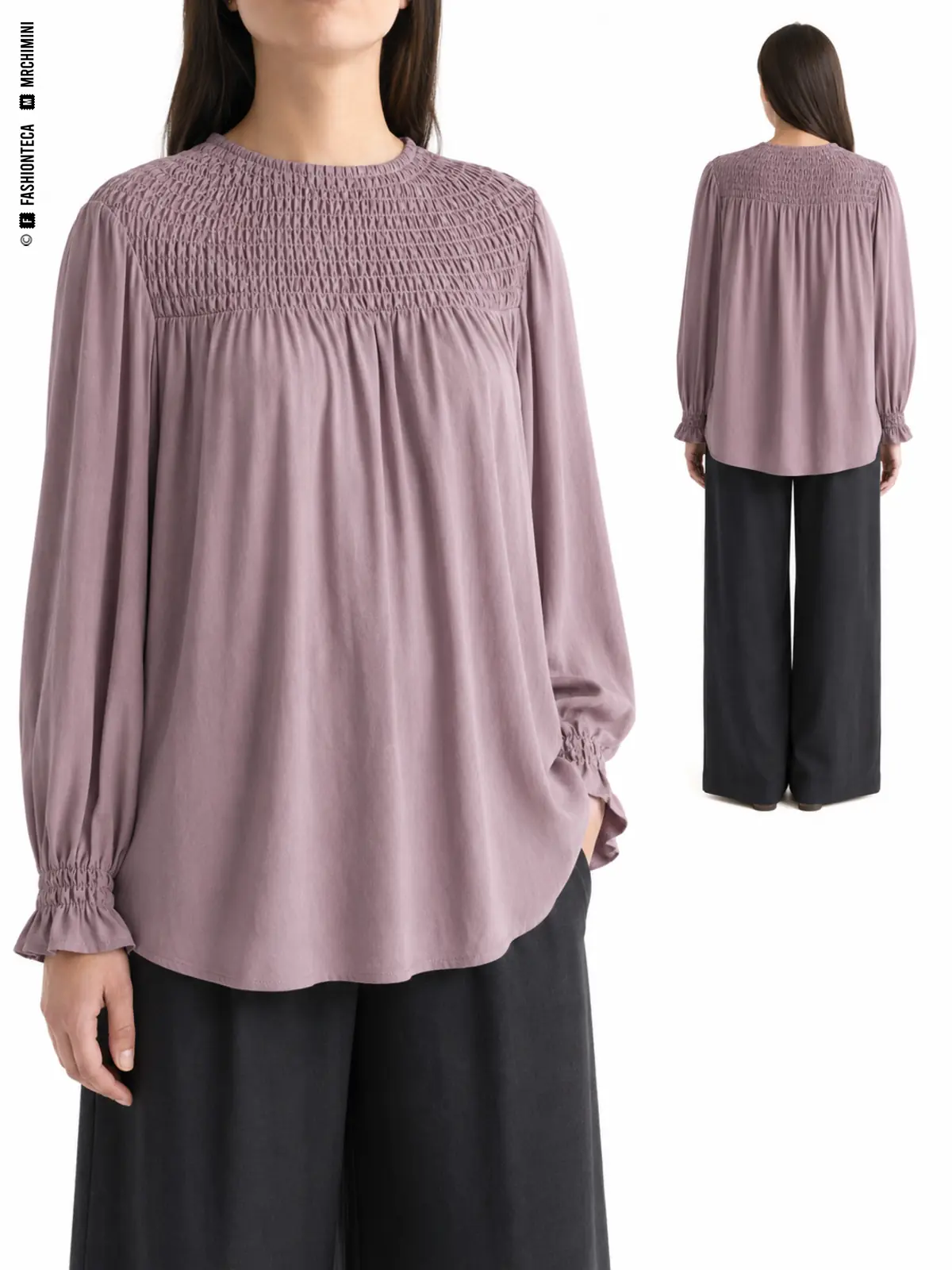 BLUSA SMOCK — vistas frontal y trasera BLUSA SMOCK: vista frontal principal y vista trasera de la misma prenda superior, mostrando su construcción.