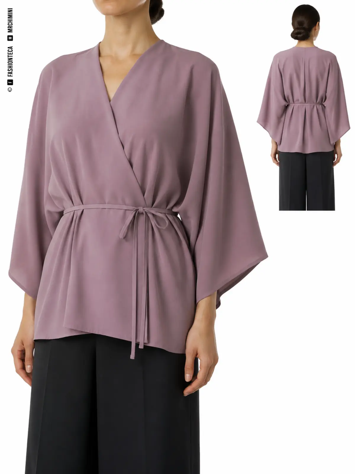 BLUSA KIMONO: vista frontal principal y vista trasera de la misma prenda superior, mostrando su construcción.