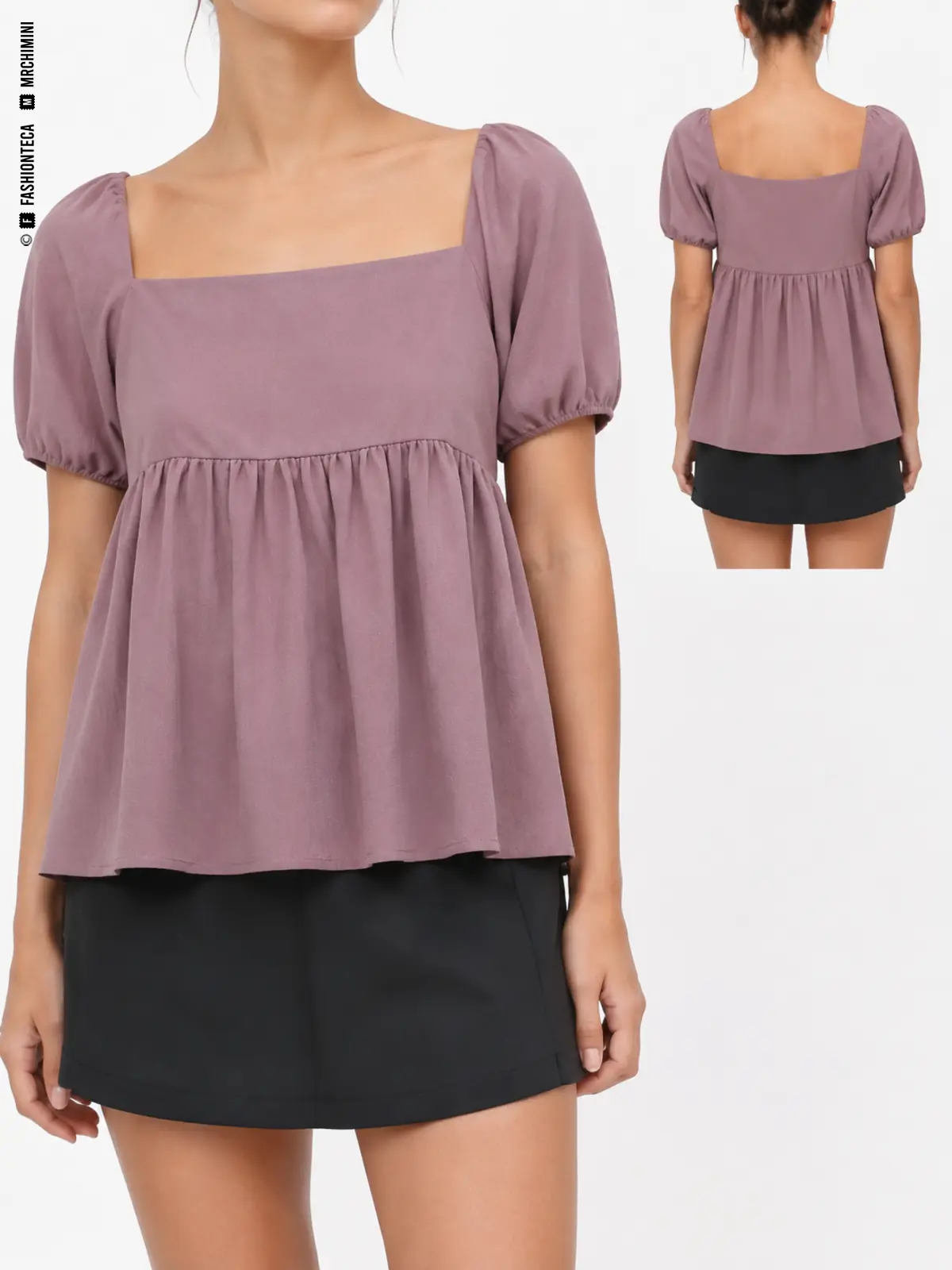 BLUSA BABYDOLL: vista frontal principal y vista trasera de la misma prenda superior, mostrando su construcción.