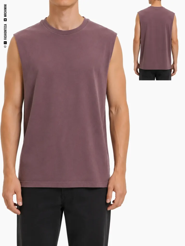 CAMISETA SIN MANGAS: vista frontal principal y vista trasera de la misma prenda superior, mostrando su construcción.