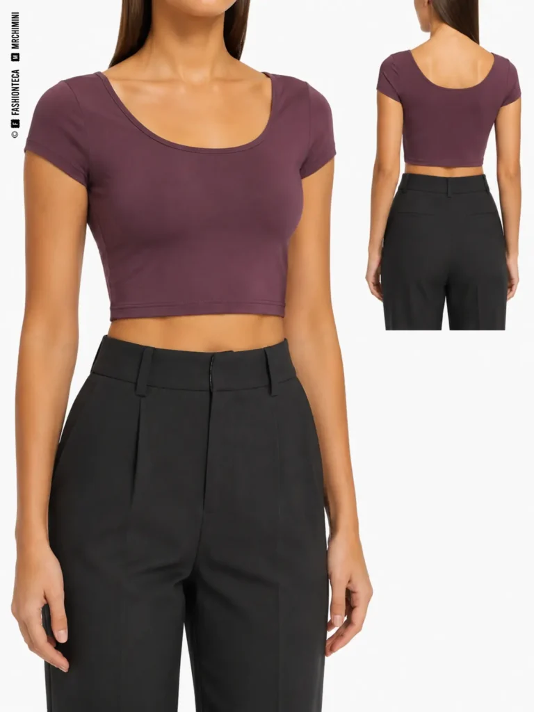 CROP TOP: vista frontal principal y vista trasera de la misma prenda superior, mostrando su construcción.
