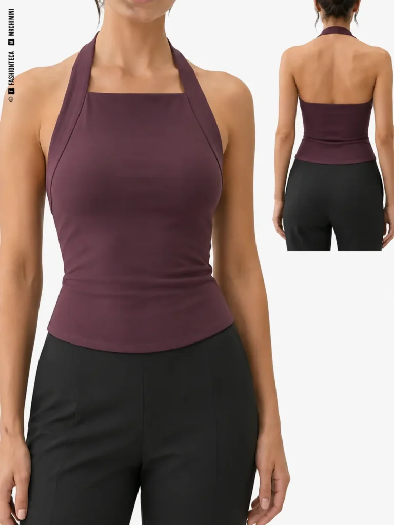 TOP HALTER: vista frontal principal y vista trasera de la misma prenda superior, mostrando su construcción.