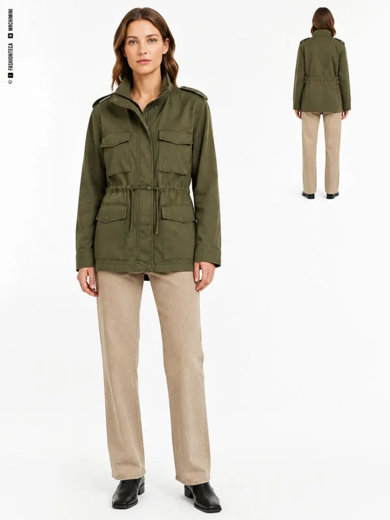 chaqueta militar de campaña: vista frontal dominante y vista trasera de referencia