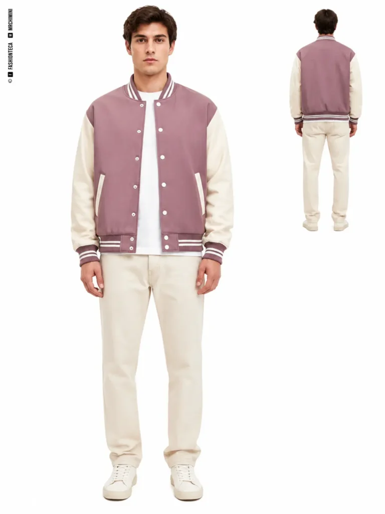 chaqueta varsity: vista frontal dominante y vista trasera de referencia
