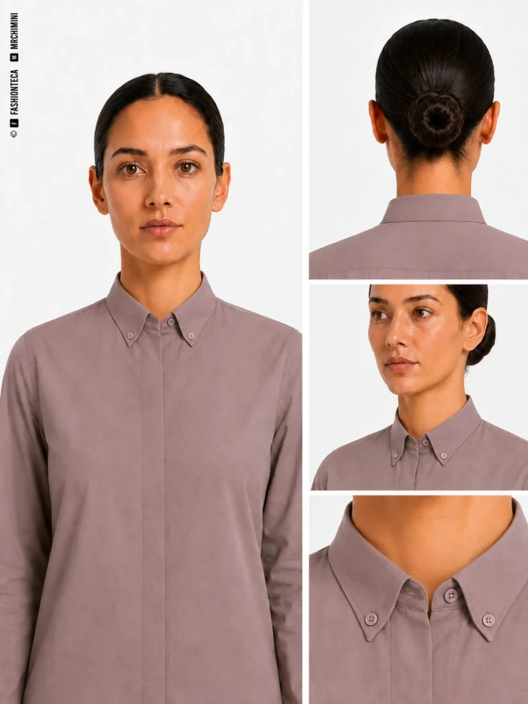CUELLO AMERICANO en color malva grisáceo corporativo, con vista frontal principal, vista posterior o funcional, vista tres cuartos y macro técnico sobre fondo blanco.