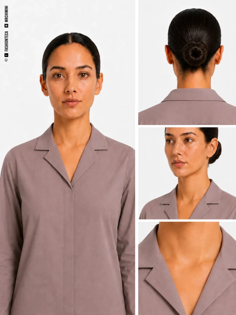 CUELLO CAMP O CUBANO en color malva grisáceo corporativo, con vista frontal principal, vista posterior o funcional, vista tres cuartos y macro técnico sobre fondo blanco.
